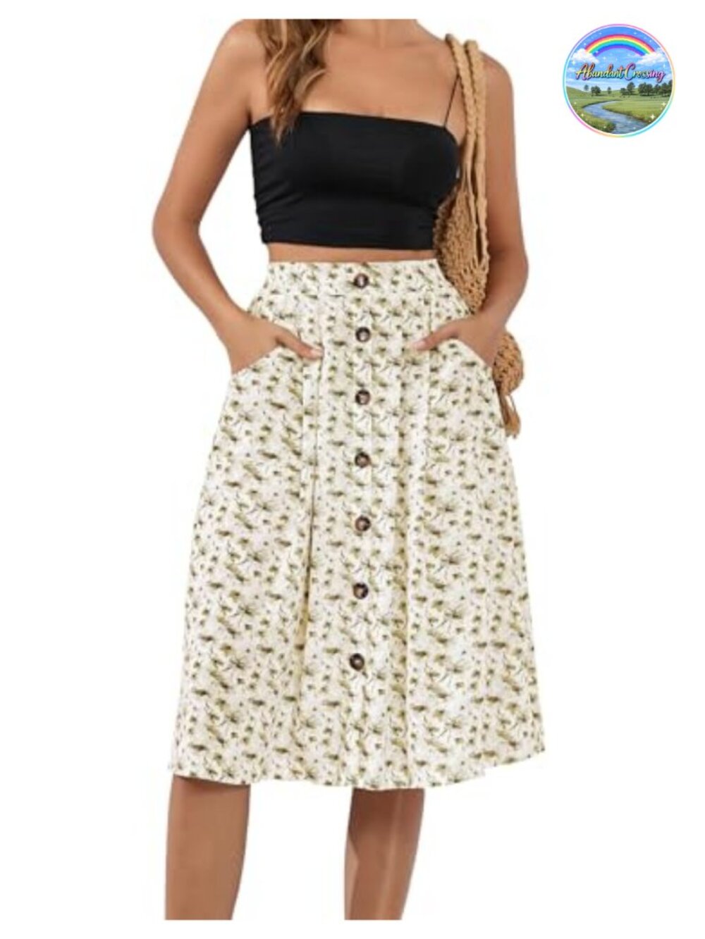 Womens Summer Midi Skirt Front Button A-Line High Waisted with Pockets